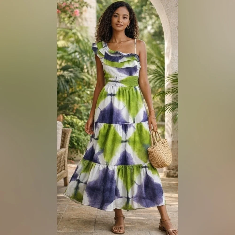 Busayo Collective Ruffle maxi dress patterned in Green and Blue tie-dye. Size 6 - Picture 7 of 10